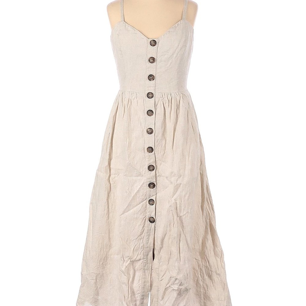 Reformation Thelma Linen Midi Dress in Sand Midi Button Down Sweetheart Fitted